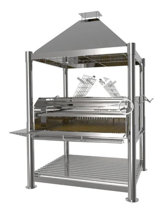 The Silver Bullet XL Santa Maria Style Grill - Stainless Steel" showcases its massive stainless steel construction, dual clamp grills, and 3,200 sq. in. total cooking area for large-scale entertaining and authentic Argentine-style grilling.