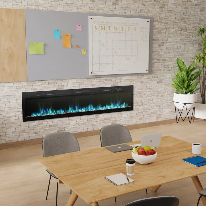Dimplex Vital Sense Linear Electric Fireplace in sleek, modern design, featuring 13 flame colors, adjustable brightness, and recessed installation into 2x6 walls for flexible ambiance and supplemental heating.