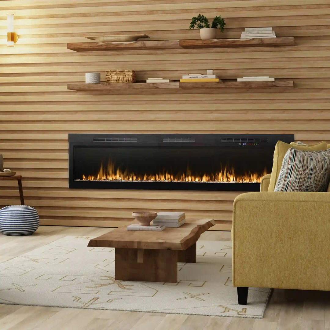 Dimplex Vital Sense 50"-74" Linear Electric Fireplace with recessed installation, customizable ambiance, and realistic flame display in 13 vivid colors with adjustable speed and brightness settings.