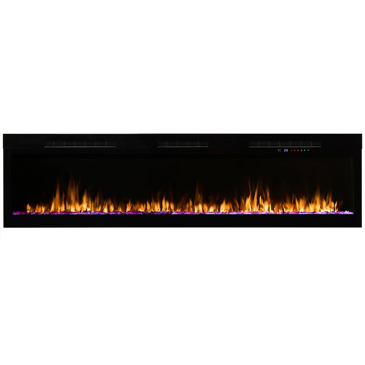 Dimplex Vital Sense Linear Electric Fireplace features recessed installation into 2x6 walls, delivering modern design and customizable ambiance in 13 vivid flame colors with adjustable speeds and brightness.