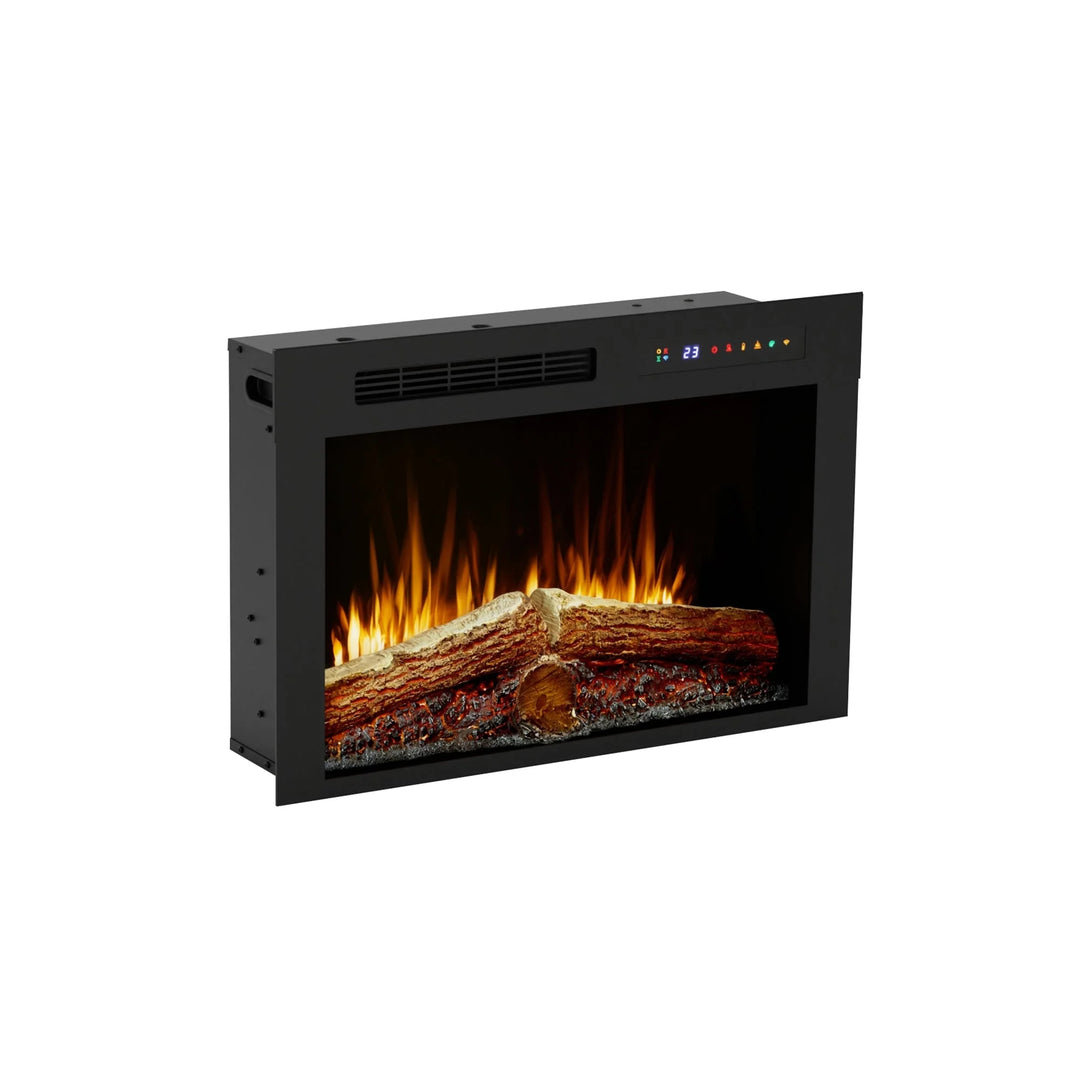 Dimplex Vital Spark 26" Built-in Electric Firebox features realistic molded log set with ember bed in five LED color options, customizable flame settings with 13 colors, three speeds, and three brightness levels, providing fan-forced heat to warm up to 1,000 sq. ft.