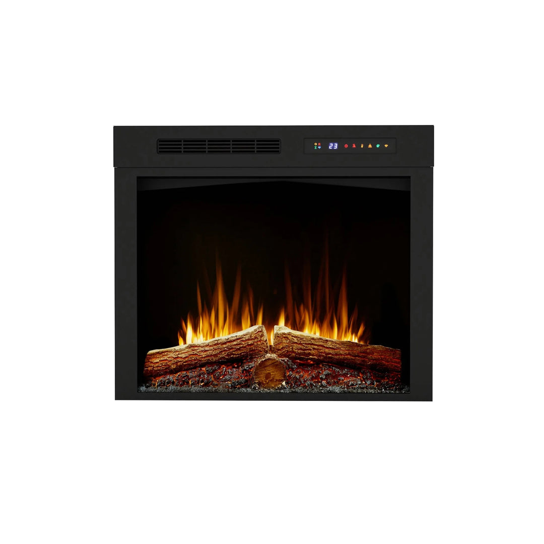 Dimplex Vital Spark 28" Built-in Electric Firebox with realistic molded log set and ember bed featuring 5 LED color options, offering extensive customization with 13 flame colors, 3 speeds, and 3 brightness levels for year-round use.