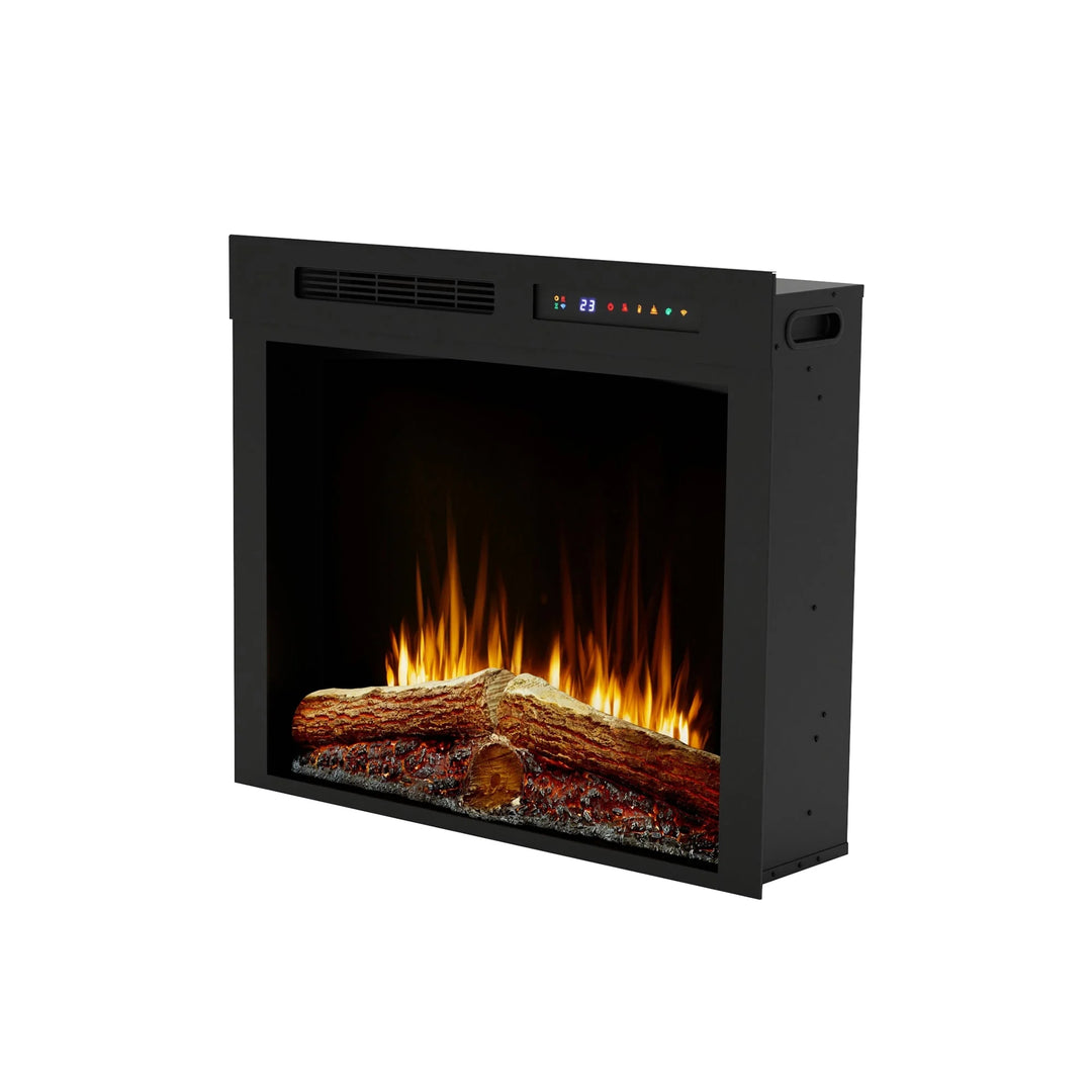 Dimplex Vital Spark 28" Built-in Electric Firebox featuring realistic molded log set, glowing ember bed, and customizable flame settings for year-round ambiance in smaller living spaces.