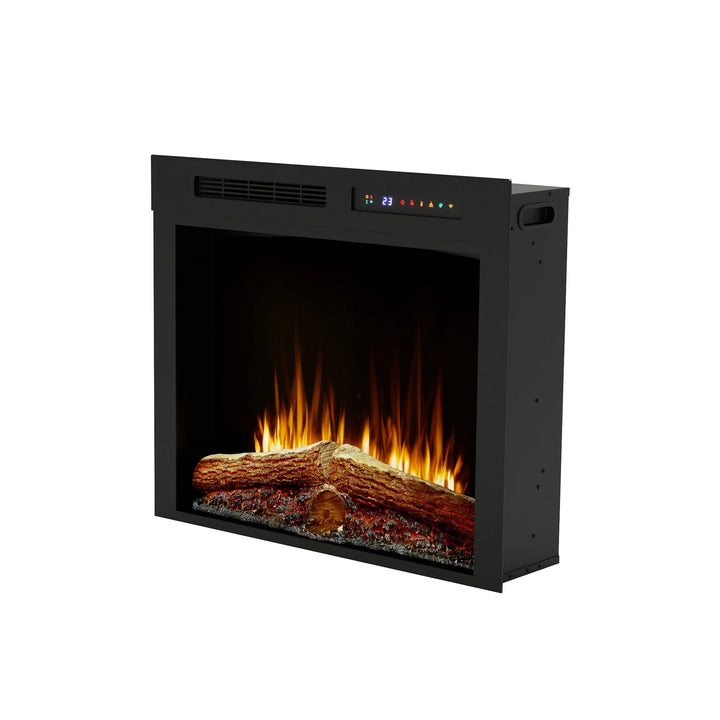 Dimplex Vital Spark 28" Built-in Electric Firebox featuring realistic molded log set, glowing ember bed, and customizable flame settings for year-round ambiance in smaller living spaces.