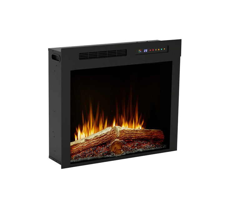 Dimplex Vital Spark 28" Built-in Electric Firebox features a molded log set with glowing ember bed and 13 flame colors for realistic warmth and ambiance in bedrooms, dens, or smaller living areas.
