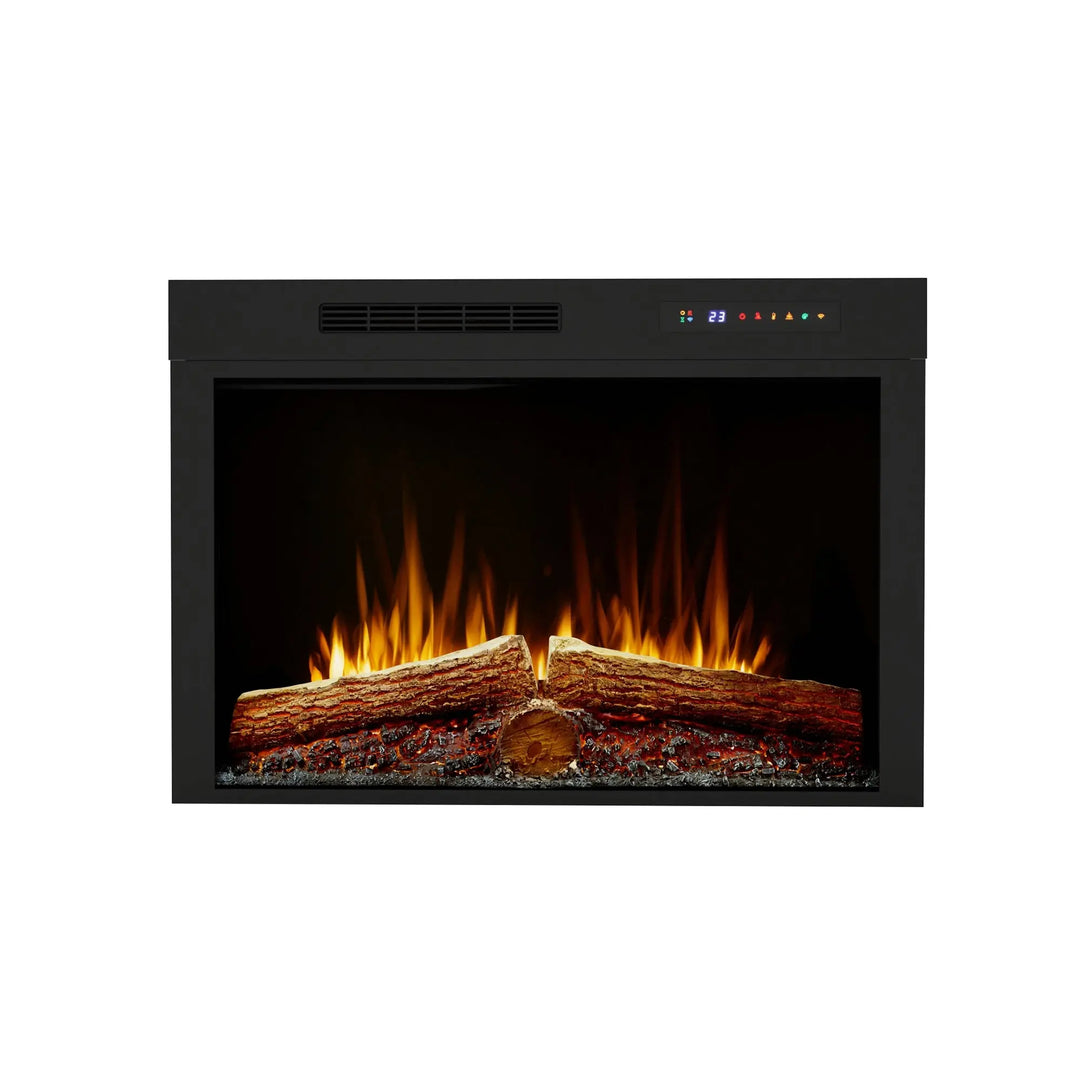 Dimplex Vital Spark 33" Built-in Electric Firebox features a realistic molded log set with ember bed in five LED color options and customizable ambiance with 13 flame colors, three speeds, and three brightness levels.