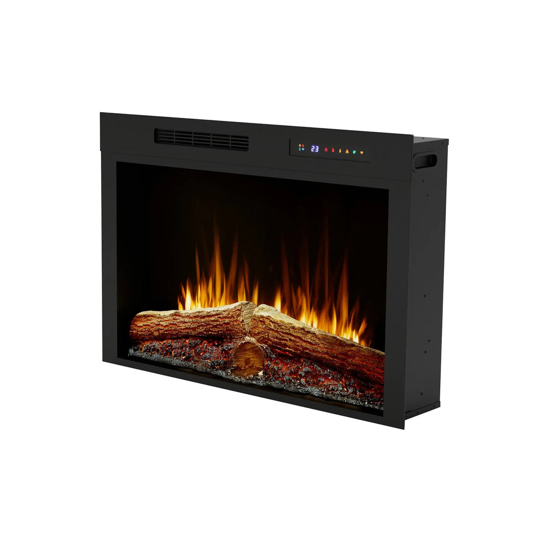 Dimplex Vital Spark 33" Built-in Electric Firebox features realistic molded log set with 5 LED ember bed color options and customizable ambiance with 13 flame colors, 3 speeds, and 3 brightness levels.