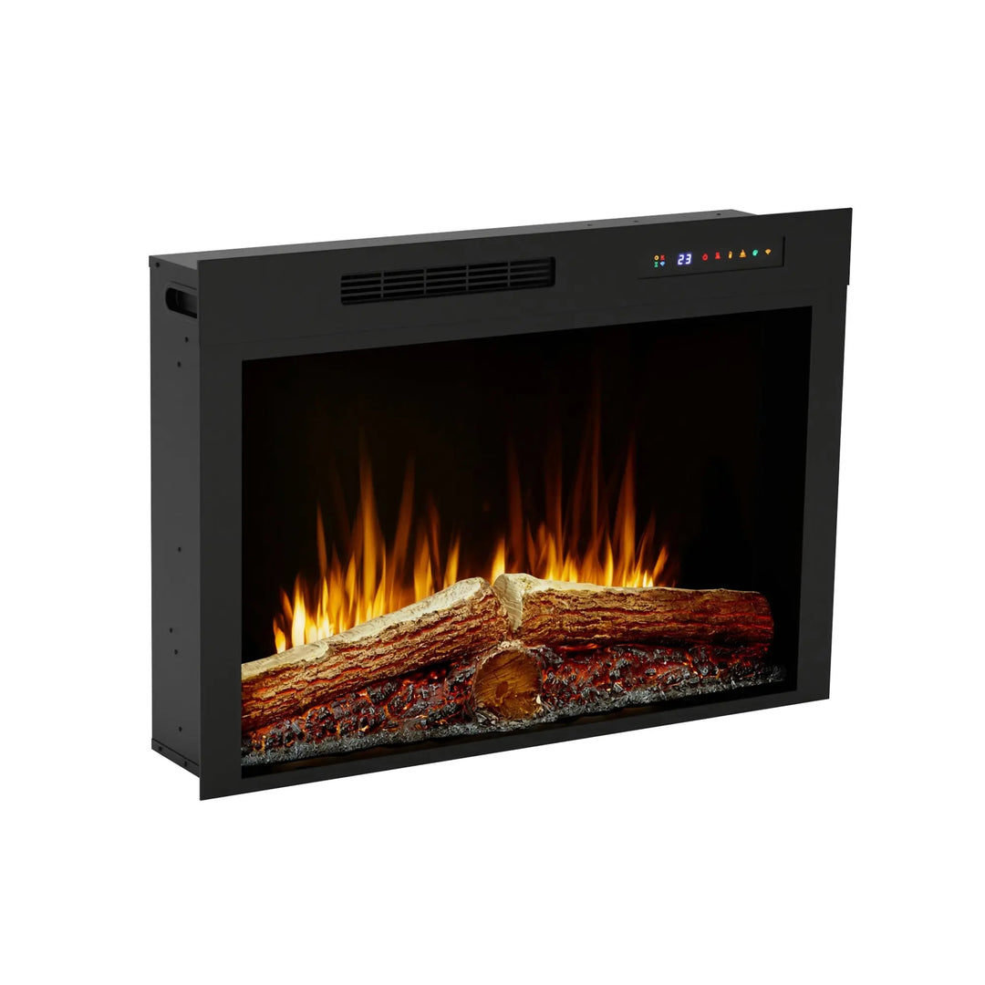 Dimplex Vital Spark 33" Built-in Electric Firebox: Realistic LED flame effect with 13 colors, ember bed in 5 color options, 3 speeds, and 3 brightness levels, heating up to 1,000 sq. ft., controlled via remote or smartphone app.