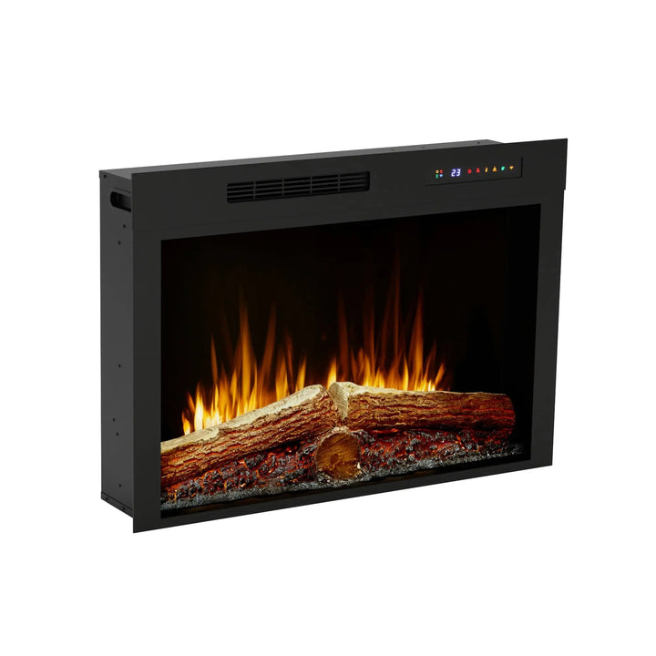 Dimplex Vital Spark 33" Built-in Electric Firebox: Realistic LED flame effect with 13 colors, ember bed in 5 color options, 3 speeds, and 3 brightness levels, heating up to 1,000 sq. ft., controlled via remote or smartphone app.