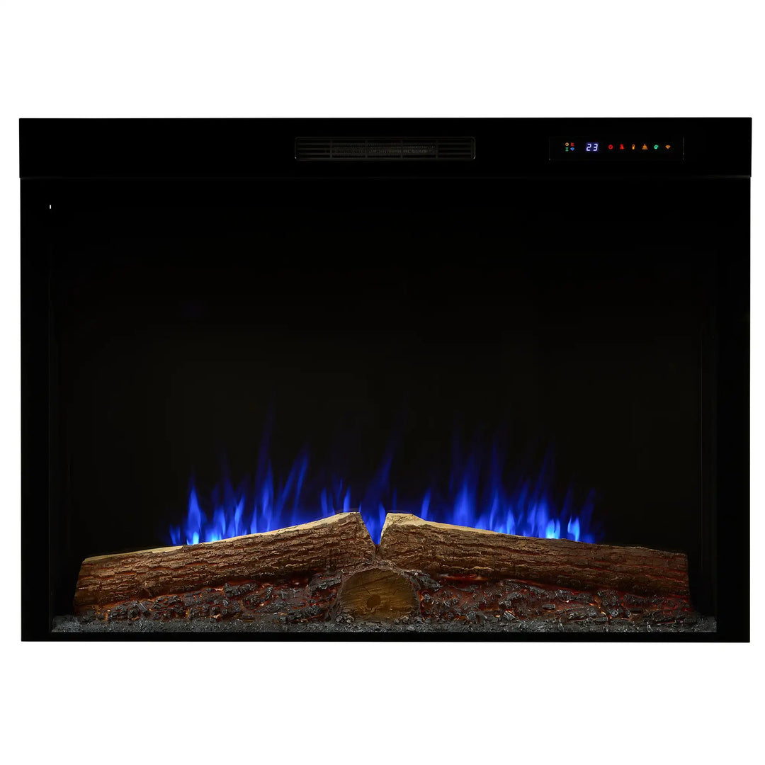 Dimplex Vital Spark 42" Electric Firebox with grand flame display, molded logs, and five-color ember bed, offering customizable ambiance control via remote or Dimplex Connect app.