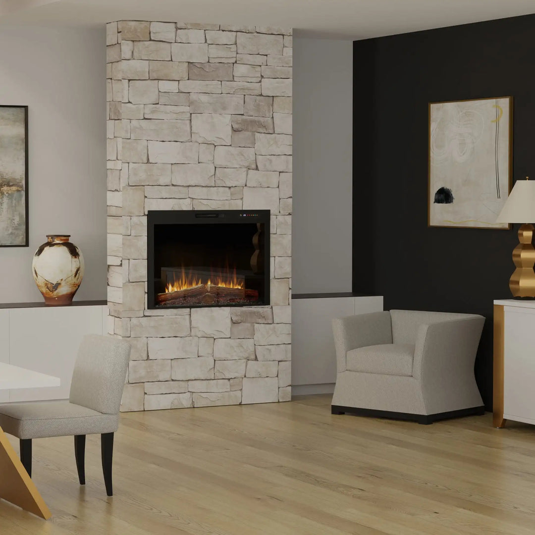 Dimplex Vital Spark 42" Built-in Electric Firebox features a grand flame display with 13 color options and realistic molded logs atop a five-color ember bed, paired with fan-forced heating for up to 1,000 sq. ft.