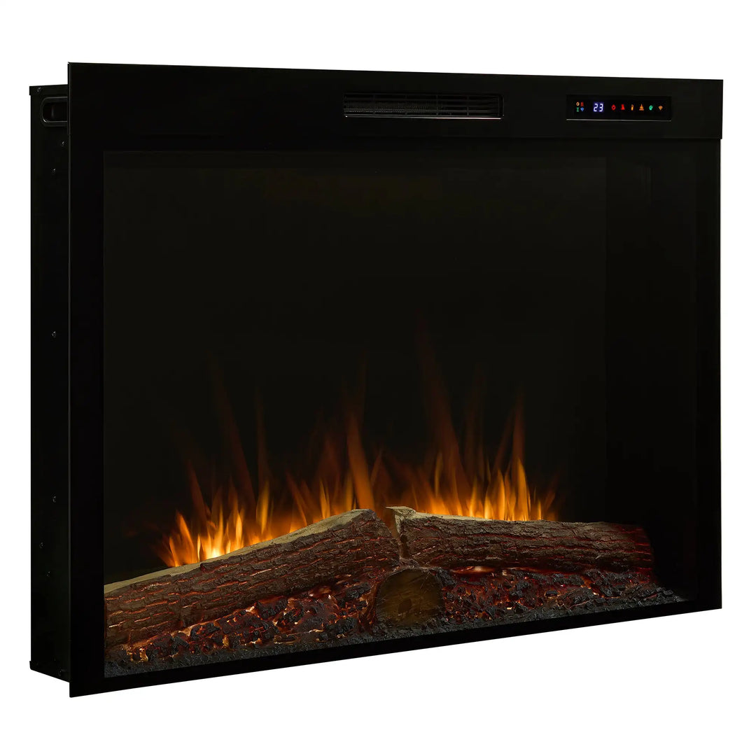Dimplex Vital Spark 42" Electric Firebox with wide-format flame display, molded logs, and 5-color ember bed for realistic warmth and ambiance in expansive living areas.
