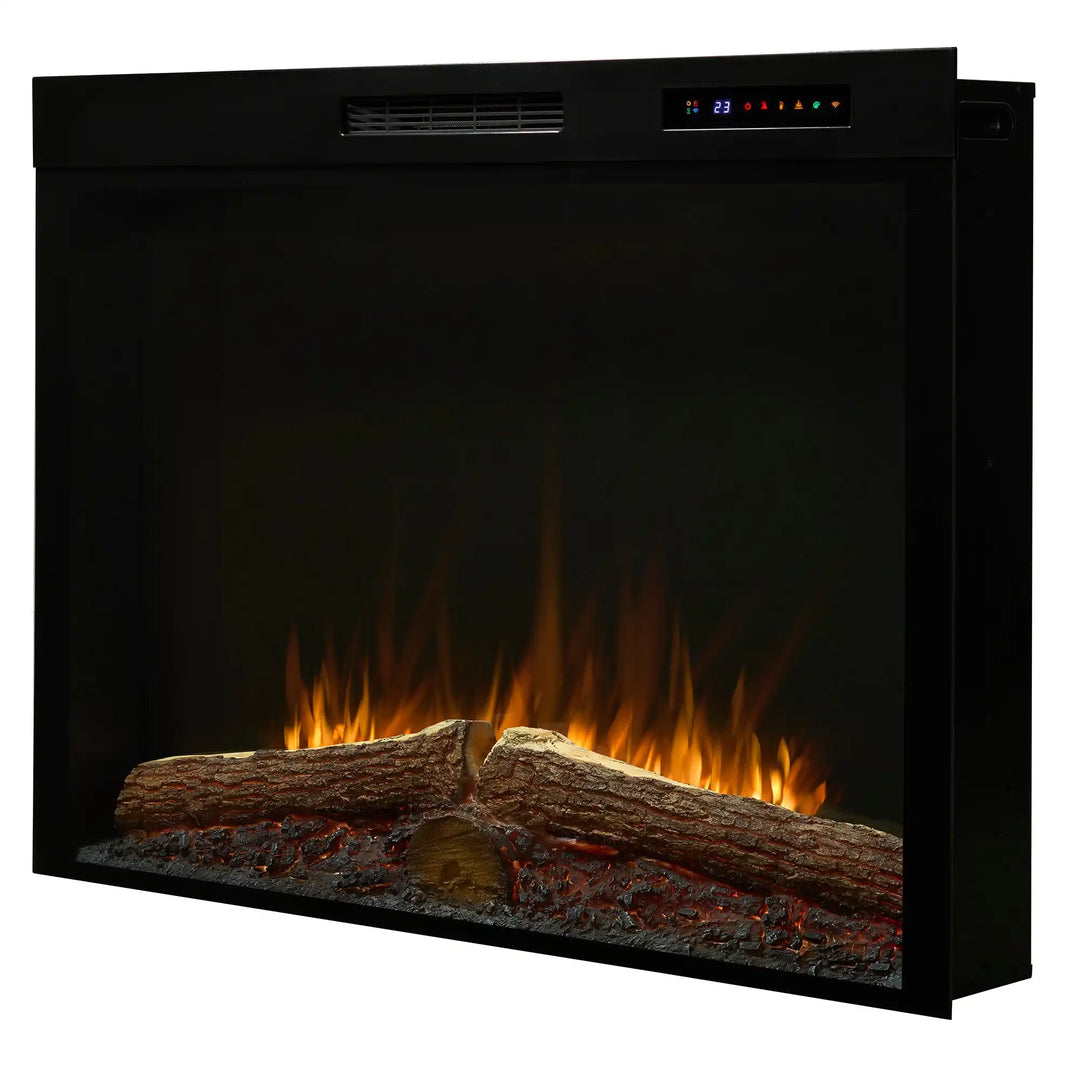 Dimplex Vital Spark 42" Built-in Electric Firebox features a grand flame display with wide viewing area, molded log set, ember bed, 13 flame colors, and fan-forced heater for up to 1,000 sq. ft. warmth control via remote, hidden panel, or Dimplex Connect app.