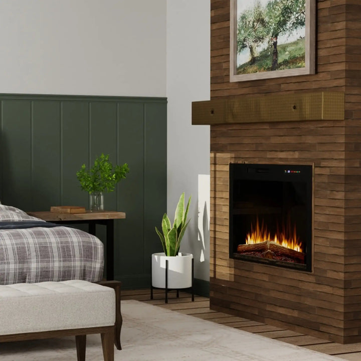 Dimplex Vital Spark 42" Built-in Electric Firebox features a grand flame display with realistic molded logs, 13 flame colors, and a fan-forced heater for efficient warmth up to 1,000 sq. ft.