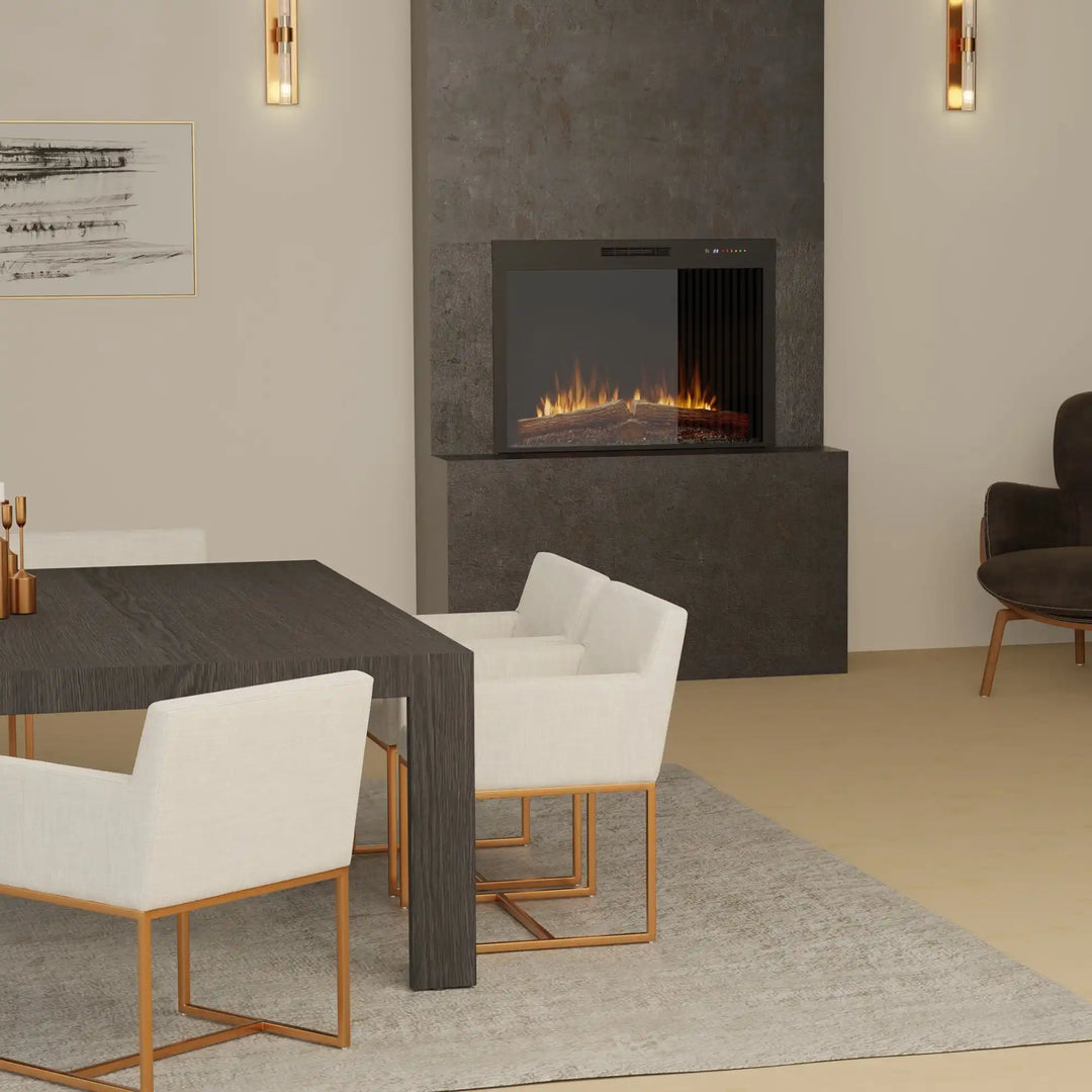 Dimplex Vital Spark 42" Built-in Electric Firebox features wide-format flame display with realistic molded logs and five-color ember bed, customizable ambiance and fan-forced heater for up to 1,000 sq. ft.