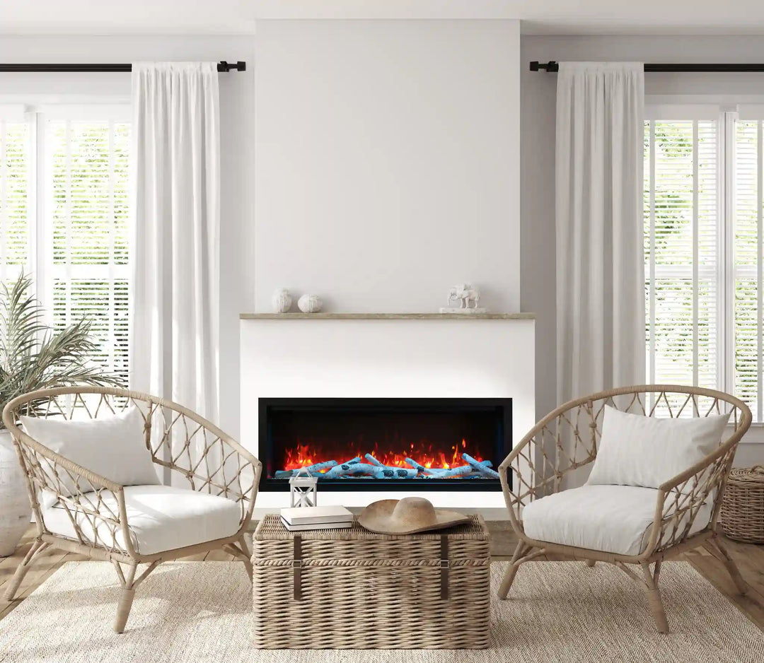 Amantii Symmetry Bespoke Xtra Tall Smart Electric Fireplace: grand, high-definition flames in vibrant colors (Yellow, Red, Orange) with customizable ember bed and ambiance canopy lighting, controlled via state-of-the-art remote or Tuya Smart app.