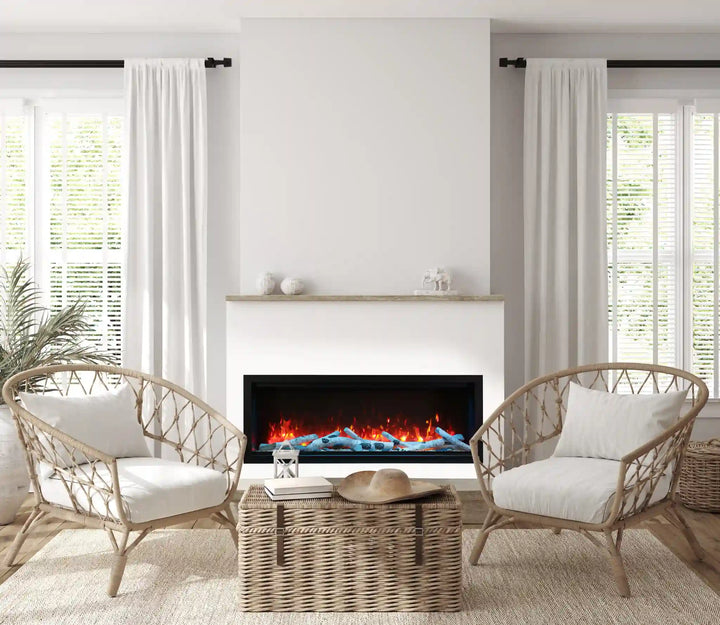 Amantii Symmetry Bespoke Xtra Tall Smart Electric Fireplace: grand, high-definition flames in vibrant colors (Yellow, Red, Orange) with customizable ember bed and ambiance canopy lighting, controlled via state-of-the-art remote or Tuya Smart app.