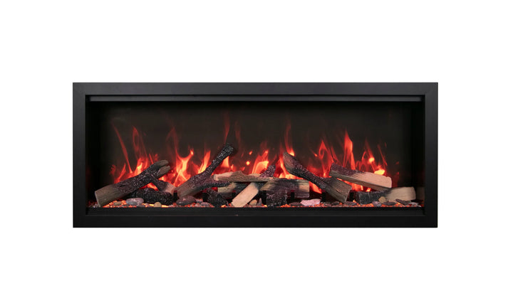 Amantii Symmetry XT Smart Electric Fireplace with WiFi capability, featuring multi-function remote control and edge-to-edge viewing area with hidden venting and ambiance canopy lighting in 13 colors.