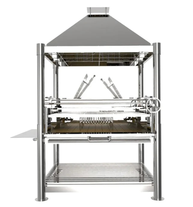 Tagwood 'The Silver Bullet XL' Santa Maria Style Grill - Stainless Steel: Massive 304 stainless steel construction, dual clamp grills, 3,200 sq. in. total cooking area, and professional-grade features for large-scale outdoor entertaining.