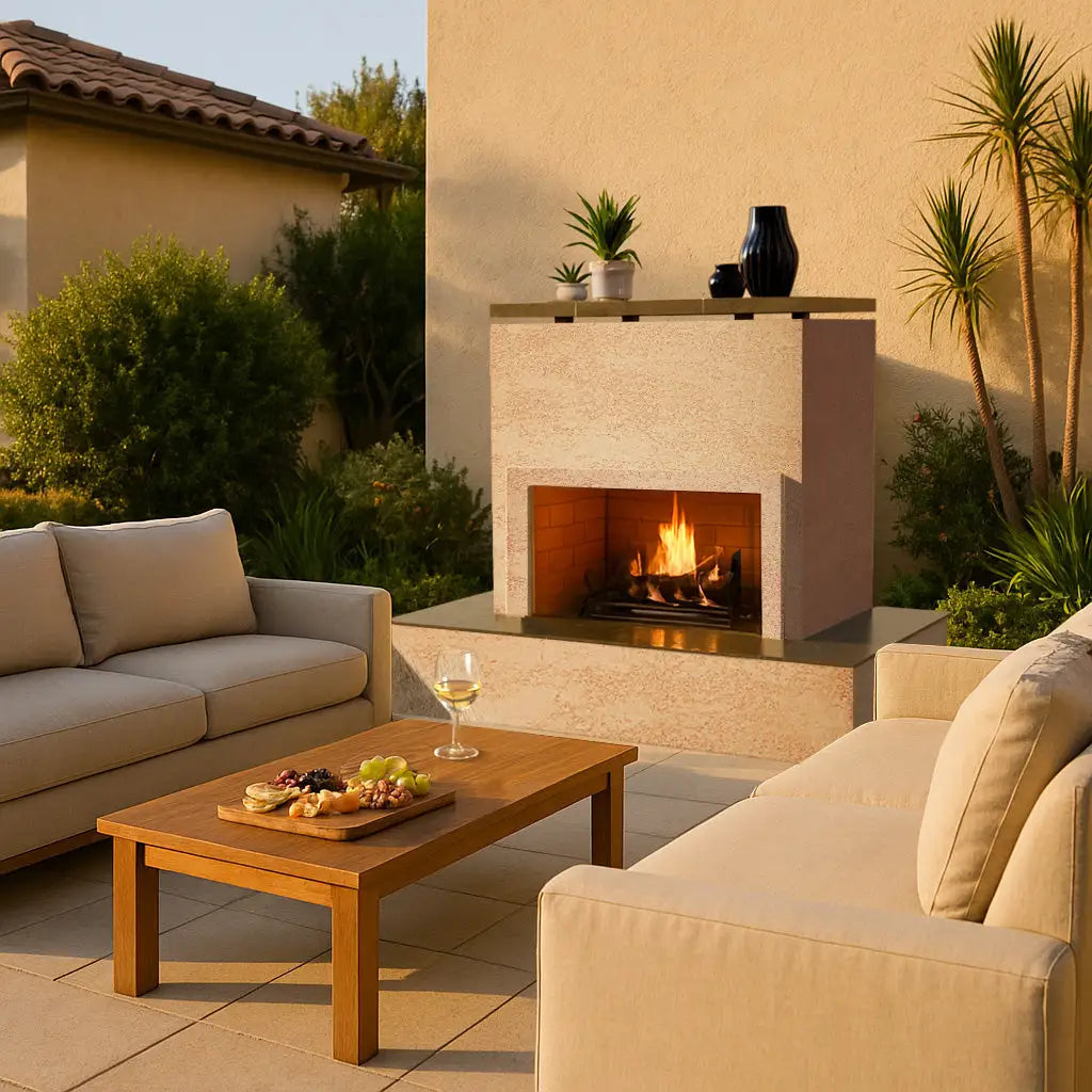 Cal Flame Sahara Outdoor Gas Fireplace w/ Wrap-around Mantel, sleek contemporary design with wrap-around bottom mantle, 22" Double Burner producing up to 90,000 BTUs, includes 24" log set and black lava rocks.