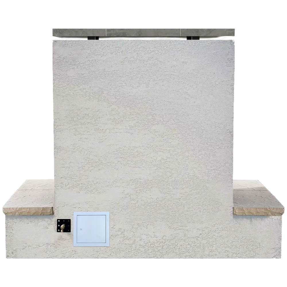 Cal Flame Sahara Outdoor Gas Fireplace w/ Wrap-around Mantel: Modern outdoor gas fireplace with smooth lines, rich flames dancing around 24" log set, powered by 22" Double Burner (up to 90,000 BTUs), featuring a wrap-around bottom mantle for an upscale look and durable one-piece construction.