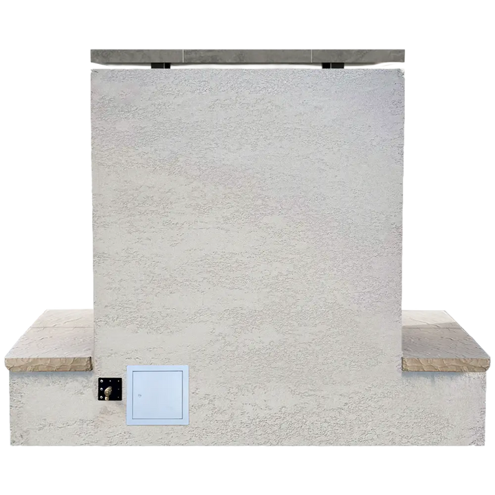 Cal Flame Sahara Outdoor Gas Fireplace w/ Wrap-around Mantel: Modern outdoor gas fireplace with smooth lines, rich flames dancing around 24" log set, powered by 22" Double Burner (up to 90,000 BTUs), featuring a wrap-around bottom mantle for an upscale look and durable one-piece construction.