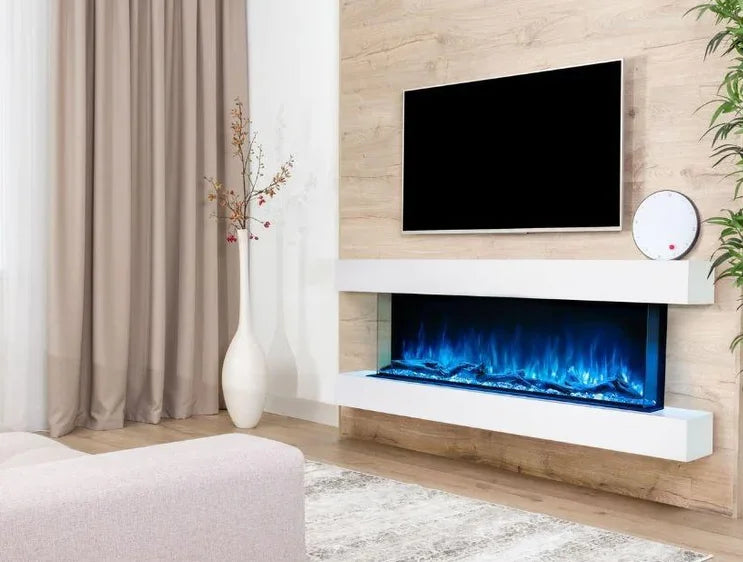 Modern Flames Cabinet System for Landscape Pro Multi Electric Fireplace in Weathered Walnut finish, complete with wall mount bracket, top cabinet, bottom cabinet, side pieces, hardware kit, and power cord.