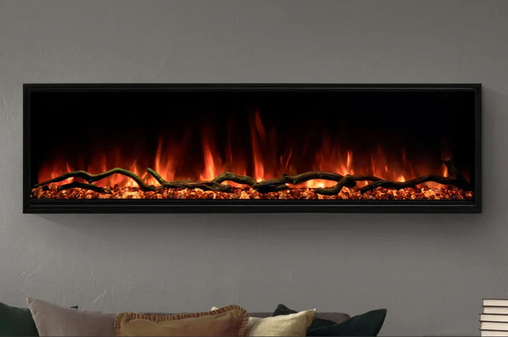 Modern Flames Landscape Pro Slim Electric Fireplace in 44"-96" sizes, featuring Hybrid-FX flame technology, whisper-quiet heat, and smart home integration for seamless control.