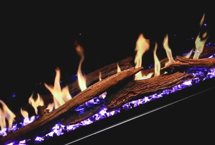 Modern Flames Orion Multi Electric Fireplace features realistic Heliovision flame technology with three pattern options and six colors, customizable lighting, ambient sounds, and a deep ember bed, available in various sizes from 52 to 120 inches for wall-mount or built-in installation with smart control via WiFi or handheld remote.