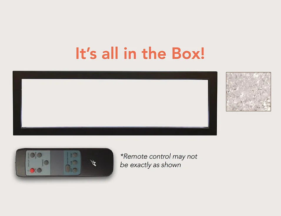 Amantii Panorama BI Extra Slim Smart Electric Fireplace with black steel surround, clear glass media, and remote control in a sleek 4-inch depth design suitable for indoor or outdoor installations.