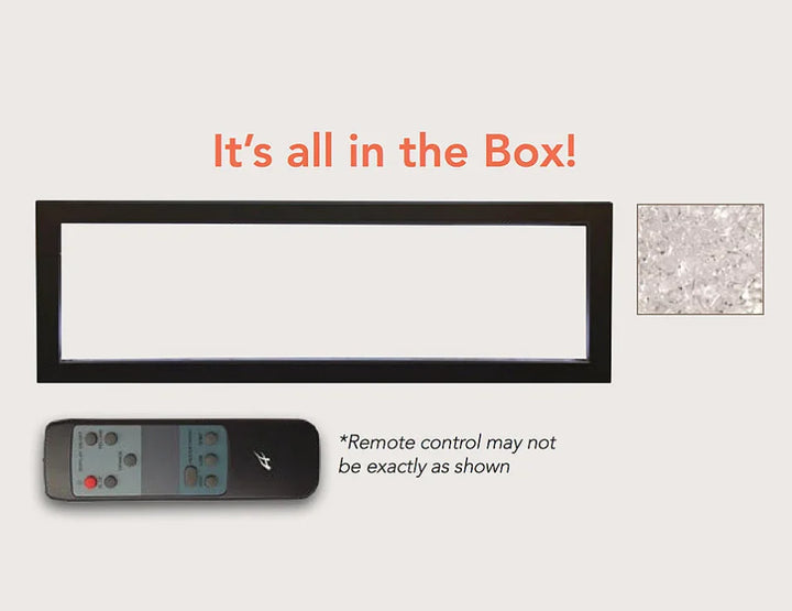 Amantii Panorama BI Extra Slim Smart Electric Fireplace with black steel surround, clear glass media, and remote control in a sleek 4-inch depth design suitable for indoor or outdoor installations.