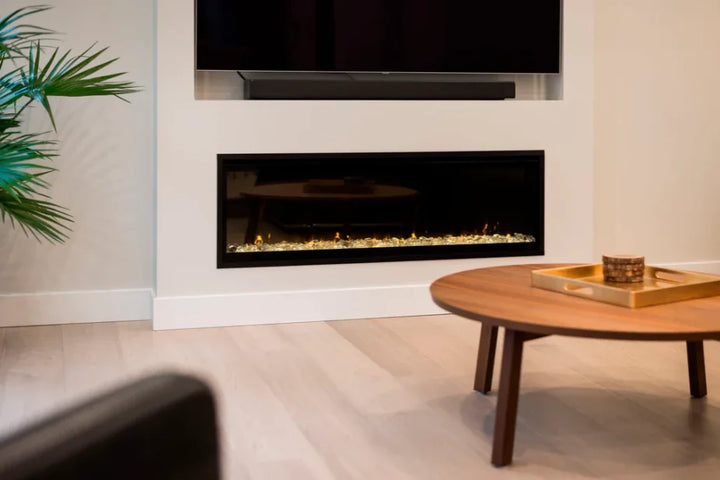 Dimplex IgniteXL Linear Recessed Electric Fireplace featuring edge-to-edge glass for panoramic flame views, patented Comfort$aver heating system, and adjustable color themes.