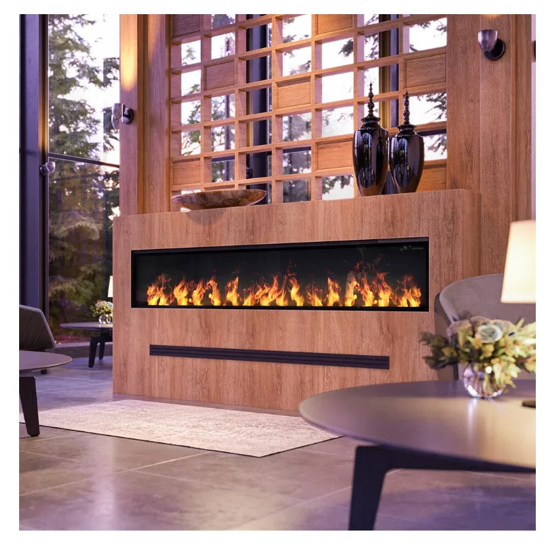 Dimplex 86-Inch Opti-Myst Linear Electric Fireplace with realistic flame and smoke effects, customizable flame width, and adjustable intensity, featuring ultrasonic technology and water vapor for a convincing wood-burning fireplace ambiance.