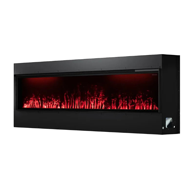 Dimplex 86-Inch Opti-Myst Linear Electric Fireplace features a realistic flame effect created by ultrasonic technology and water vapor, with adjustable intensity and customizable spacers for a personalized experience.