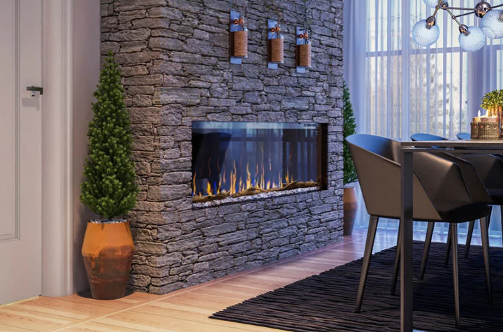 Dimplex IgniteXL Bold 60" Smart Linear Electric Fireplace featuring mirror-effect flames, multi-media bed, and customizable accent lighting, with integrated heater for year-round use in 1,000 sq. ft. spaces.