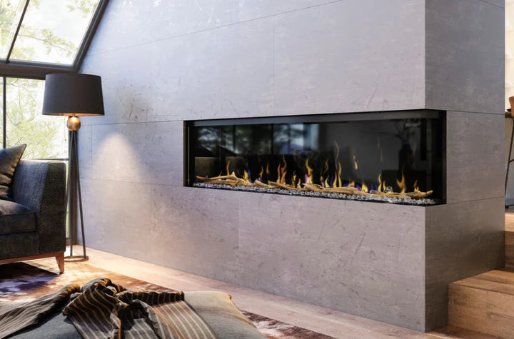 Dimplex IgniteXL Bold 74" Smart Linear Multi-Side View Built-In Electric Fireplace featuring flexible display options, patented mirror effect, and advanced controls for customizable ambiance, supplemental heater, and thermostatic settings.