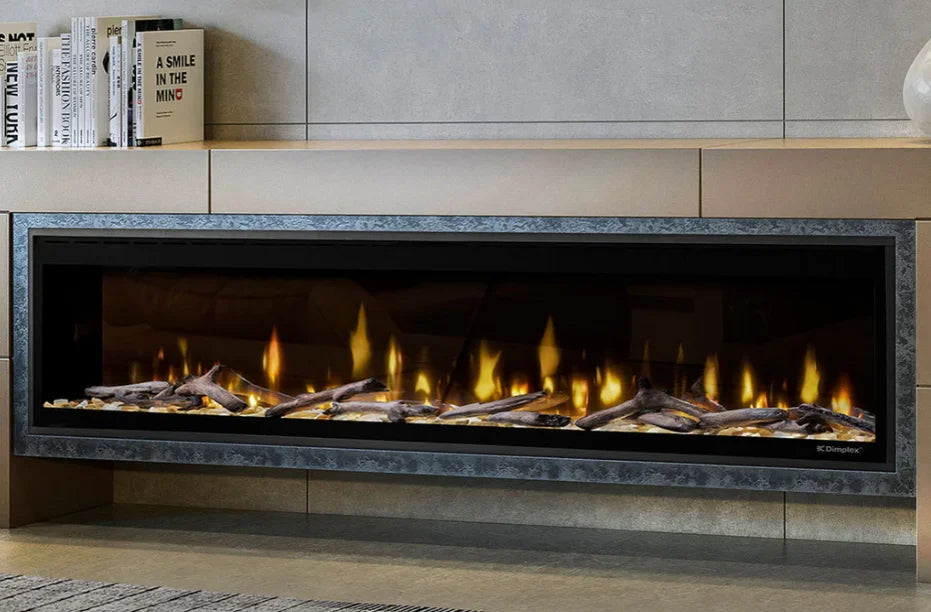 Dimplex Ignite Evolve 74" Built-in Electric Fireplace with Multi-Fire XD Flame Effect, frameless design, dynamic media bed, colorful accent lighting and advanced ceramic heating system for supplemental heat.