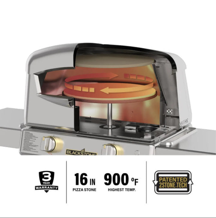 Blackstone Select Pizza Oven features 65,000 BTUs of cooking power and patented 2-Stone Technology for rapid, high-heat performance that cooks pizzas in 90 seconds.