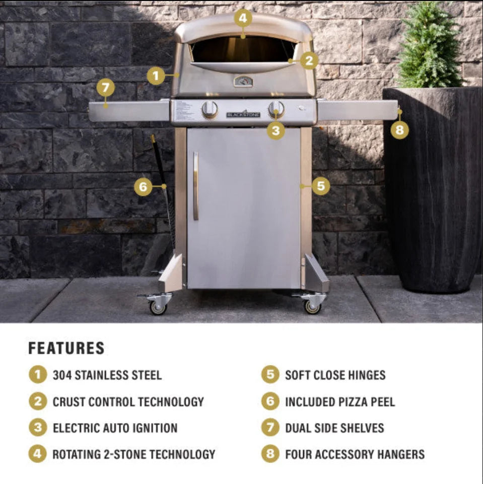 Blackstone Select Pizza Oven features a sleek design, delivering restaurant-quality results in just 90 seconds with its impressive 65,000 BTUs of cooking power and patented 2-Stone Technology.