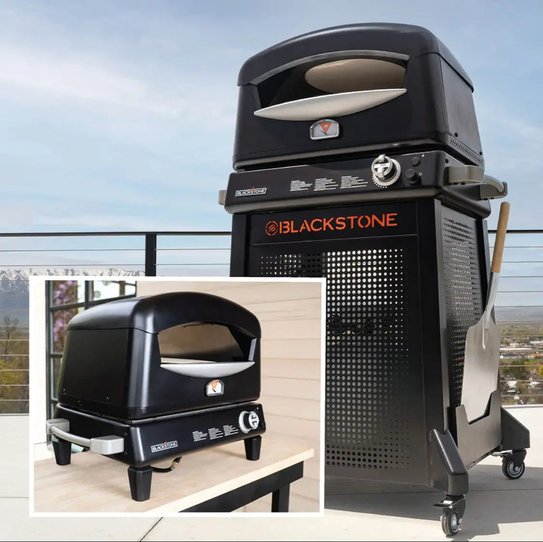 Blackstone Pizza Oven with Stand: Outdoor cooking companion featuring patented two-stone technology for even heat distribution, reaching over 900°F to cook pizzas in as little as 90 seconds.