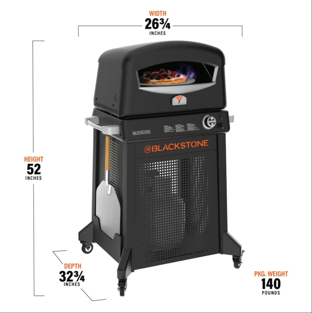 Blackstone Pizza Oven with Stand features patented two-stone technology for even heat distribution, reaching over 900°F to cook authentic pizzas in as little as 90 seconds.