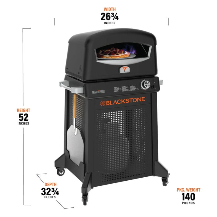 Blackstone Pizza Oven with Stand features patented two-stone technology for even heat distribution, reaching over 900°F to cook authentic pizzas in as little as 90 seconds.