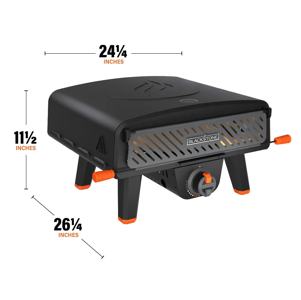 Blackstone Leggero Pizza Oven featuring a 13" rotating cordierite stone for effortless pizza spinning, fueled by Pro Flame Burner Technology and equipped with Auto Electric Ignition and a built-in Temperature Gauge for precise control.