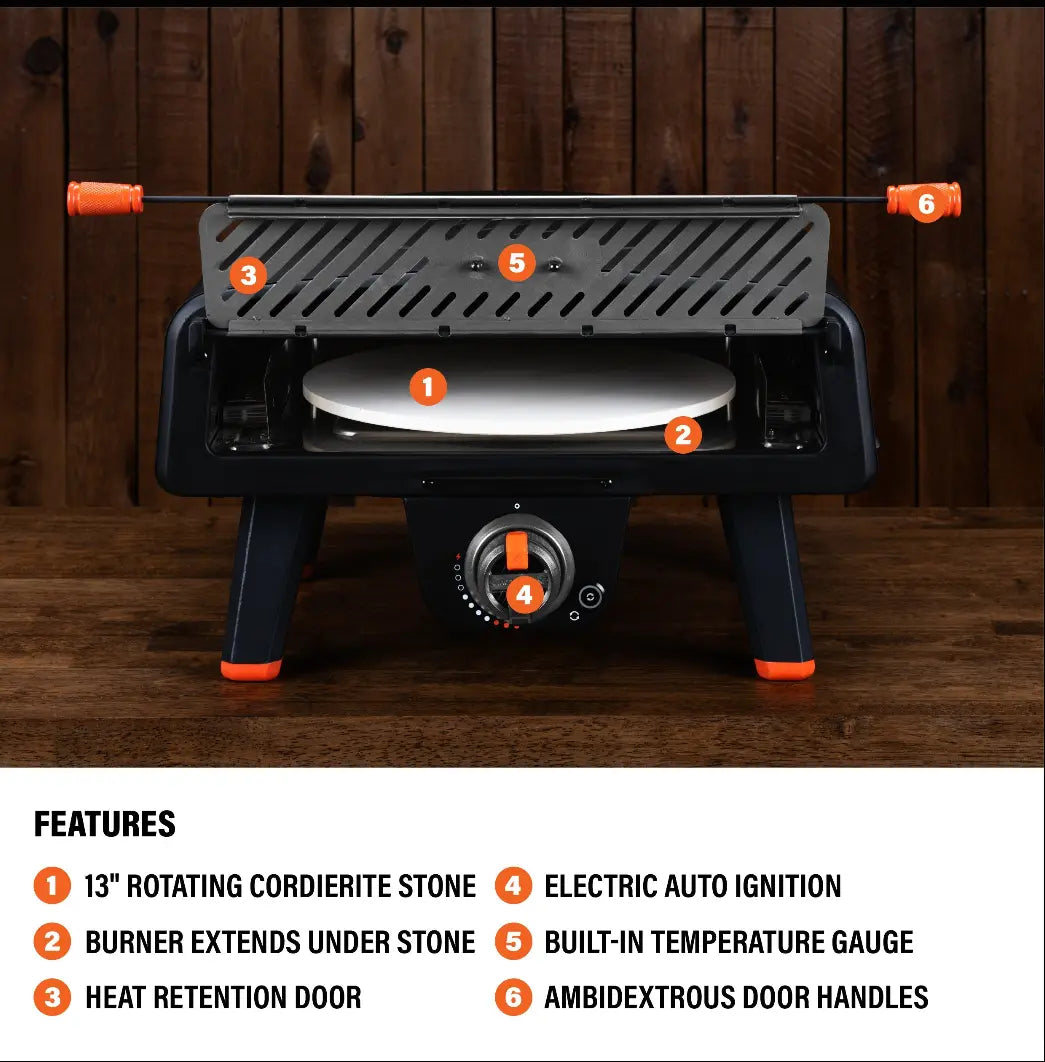 Blackstone Leggero Pizza Oven featuring a 13-inch rotating cordierite stone for effortless pizza turning, powered by Pro Flame Burner technology with heat retention door for crispy crust and even cooking.