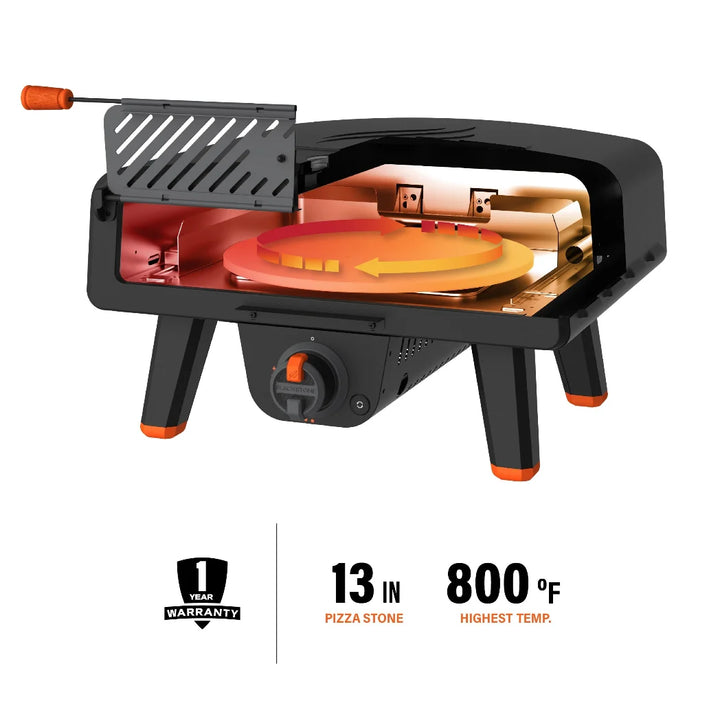 Blackstone Leggero Pizza Oven features a 13" rotating cordierite stone, Pro Flame Burner, heat retention door, and auto electric ignition for perfect pizza results.