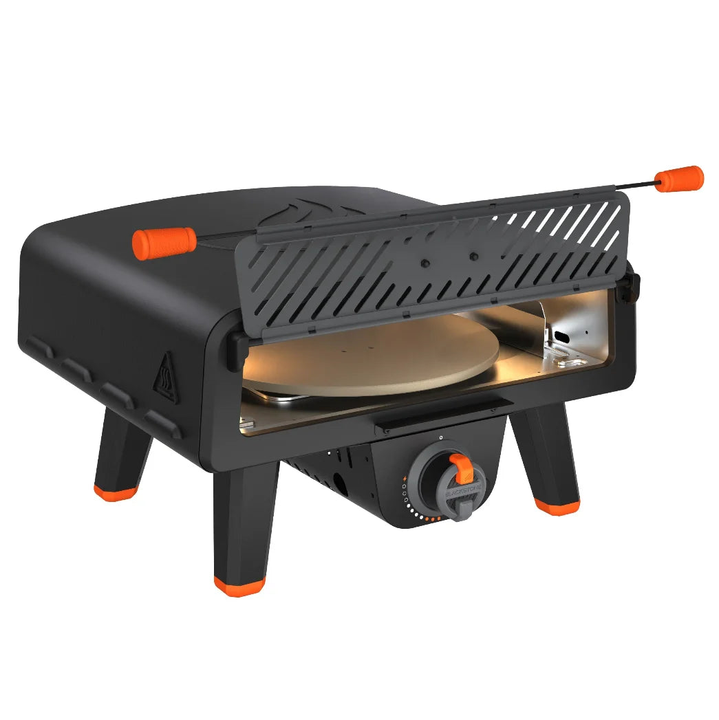 Blackstone Leggero Pizza Oven: Propane-powered pizza oven featuring a 13" rotating cordierite stone for effortless pizza spinning, even heating, and restaurant-quality results with Pro Flame Burner Technology and heat retention door.