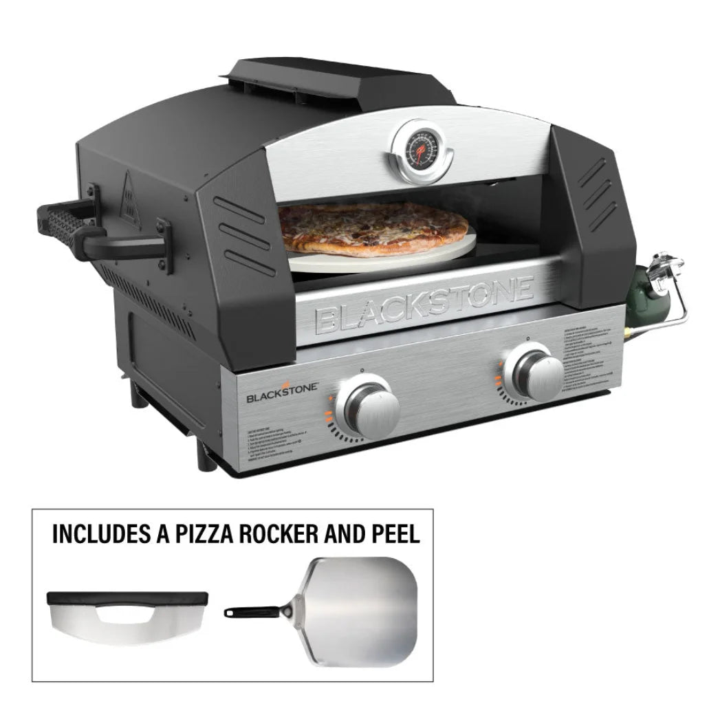 Blackstone Portable Pizza Oven Bundle: Propane-powered oven with patented 2-Stone Technology for even heat and perfectly cooked pizzas up to 15 inches in diameter.