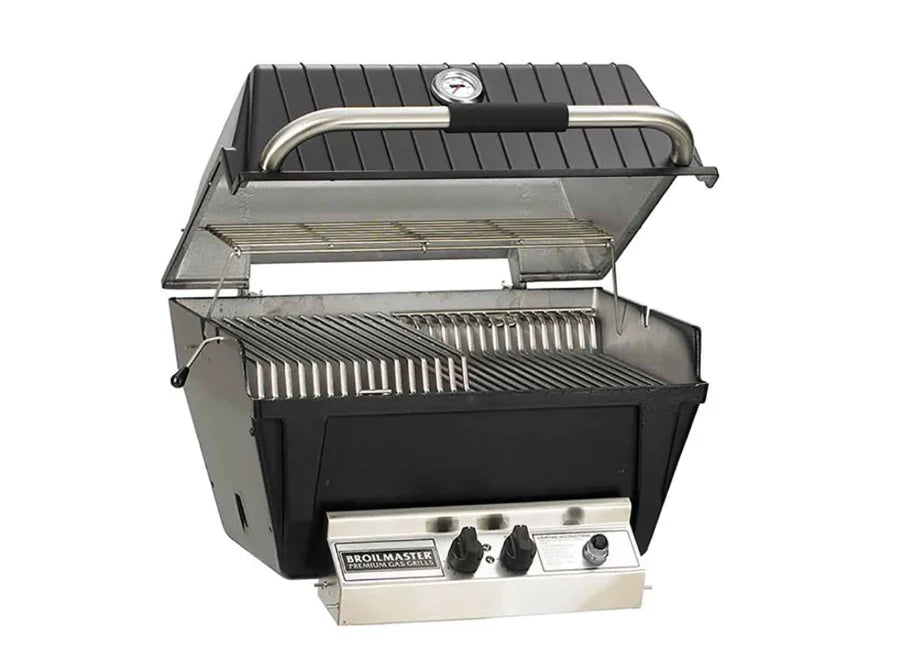 Broilmaster Premium Gas Grill with Charmaster Briquettes - High-performance grill featuring 40,000 BTU stainless steel bow tie burner, durable cast aluminum construction, and multi-level cooking grids for versatile grilling.