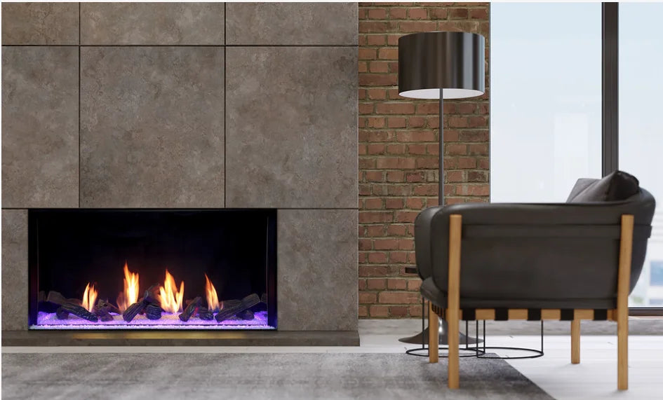 Plaza Luxury 55" InvisiMesh Single-Sided Gas Fireplace features an expansive flame display behind a virtually invisible screen barrier, programmable remote control, and customizable LED lighting.