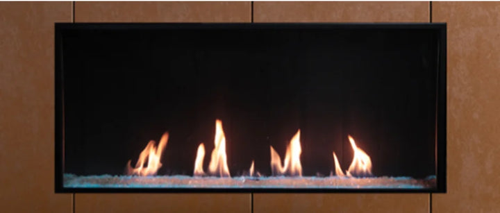 Plaza Luxury 55-inch Single-Sided Gas Fireplace features InvisiMesh technology for a nearly invisible screen, expansive flame display, and programmable remote control with LED under-lighting.